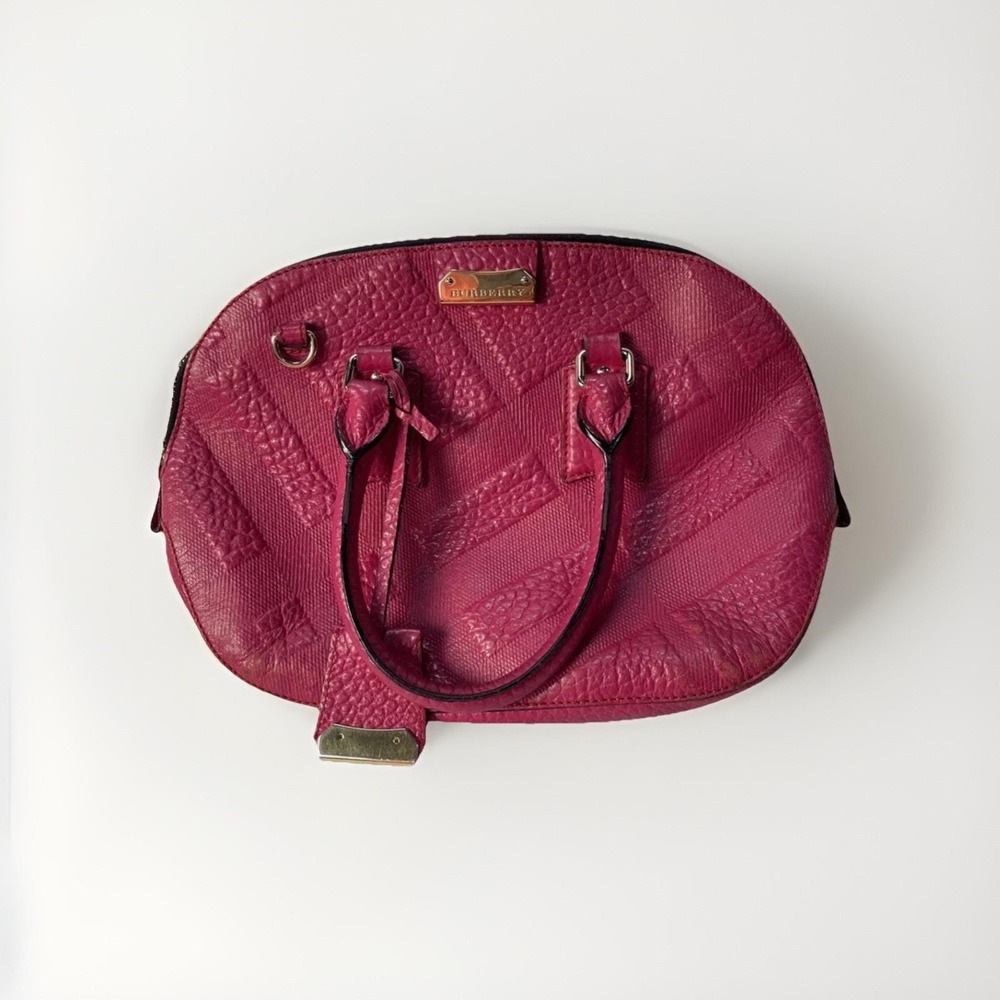 Burberry Vtg Magenta Pink Pebbled Leather Embossed Stripe Satchel Dome Handbag - Picture 2 of 6